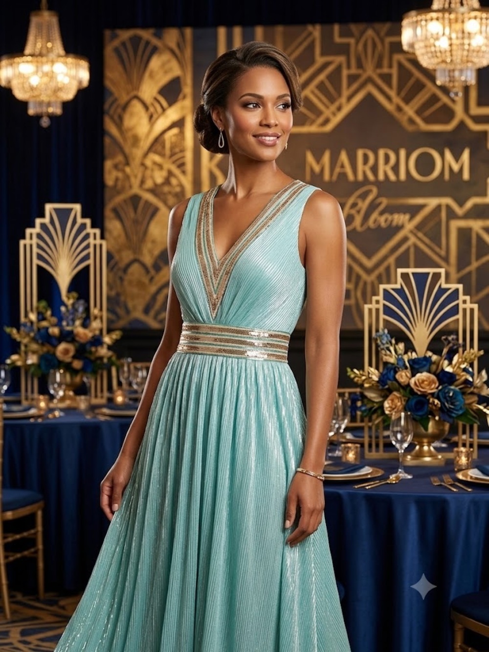 Sleeveless Aqua Midi Dress with Gold Trim